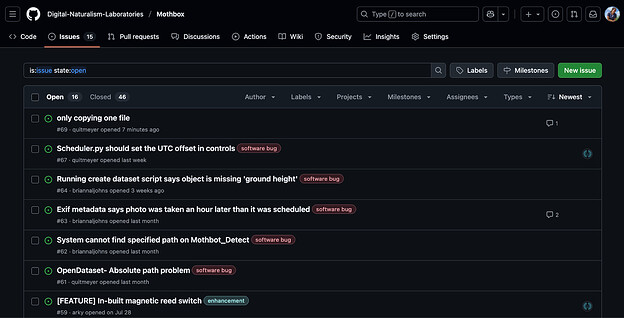 Screenshot of the Issues page on the Mothbox GitHub